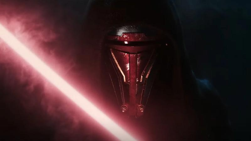 Darth Revan with his red saber lit on his face in Knights of the Old Republic Remake