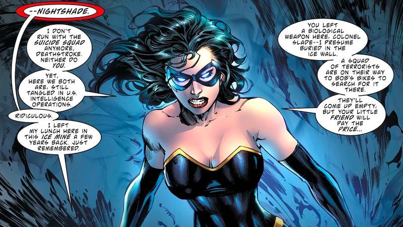 Nightshade in her leather black costume in Nightshade