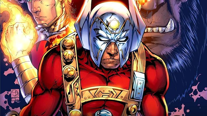 Orion in a silver helmet and red suit in DC Comics