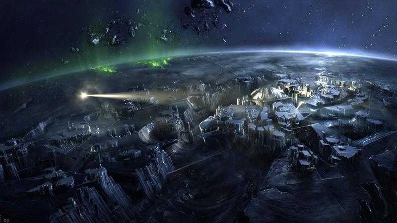 Krypton as seen in Superman Returns with a light flying over it