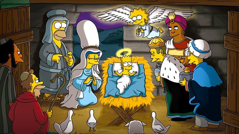 The cast of the Simpsons gathered around Bart as a baby in a manger