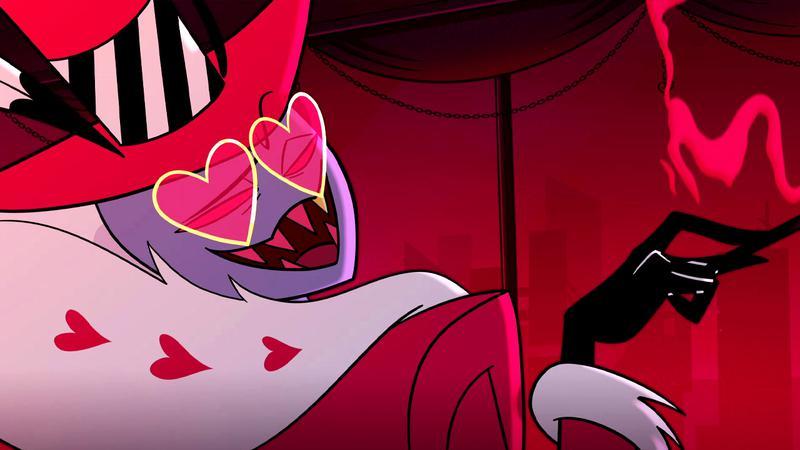Valentino smoking a cigarette and looking over his shoulder in Hazbin Hotel