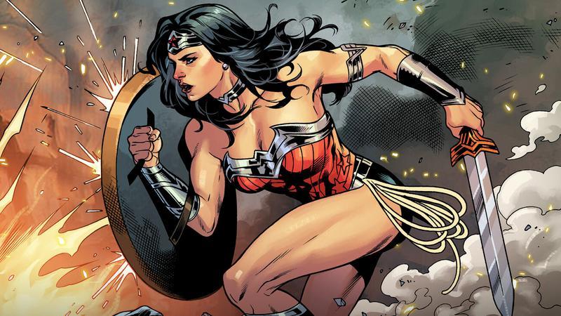 Wonder Woman lunging forward on a smoky battlefield in DC Comics