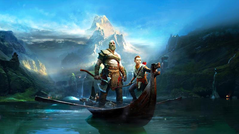 Kratos and Atreus on a massive lake in God of War