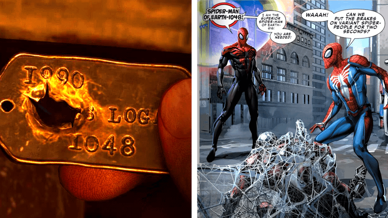 Logan's dog tag on the left and a comic panel with Insomniac's Spider-Man on the right.