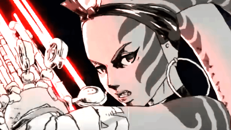 Aneé-san holding a lightsaber near her face in Star Wars: Visions