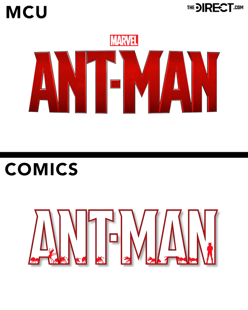Two images. First: The logo for Ant-Man in the MCU. It is filled in red, and has a rounder, almost three-dimensional shape to it. Second: The same thing, only outlined in red, with little red ant and Ant-Man silhouettes drawn inside.