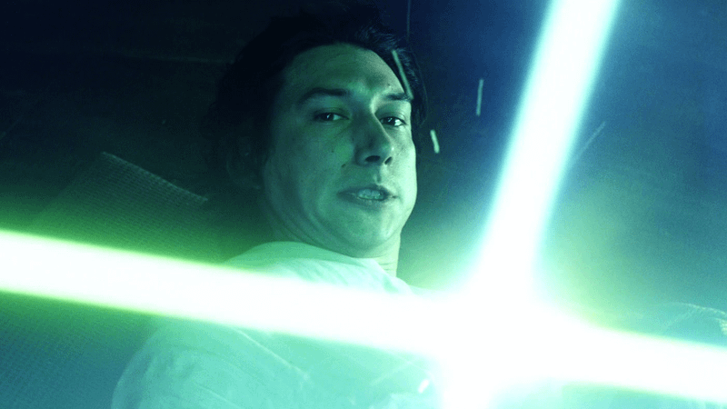 Kylo Ren clashing sabers with Luke in Star Wars: The Last Jedi