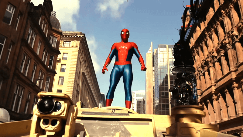 Tom Holland as Spider-Man in his suit standing on a tank in Spider-Man: Brand New Day