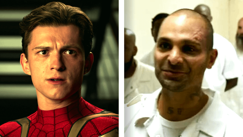 Tom Holland's Peter Parker, wearing his suit, furrows his brow; Michael Mando as Scorpion in prison in Spider-Man: Homecoming.