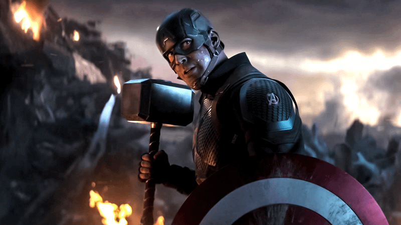Steve Rogers with mjolnir in Endgame.
