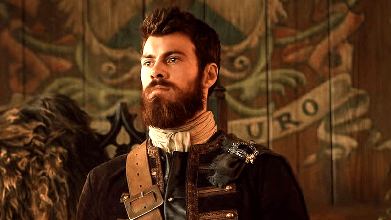 Sam Retford as Dougal MacKenzie in full war garb in Outlander: Blood of my Blood