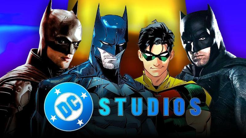Animated Batman alongside Robin and other live action Batman.