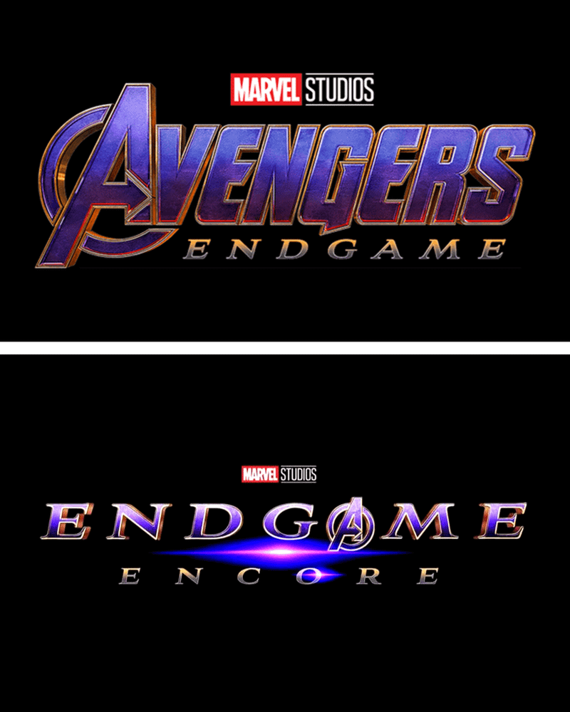 The Avengers: Endgame logo and the Endgame: Encore logo.