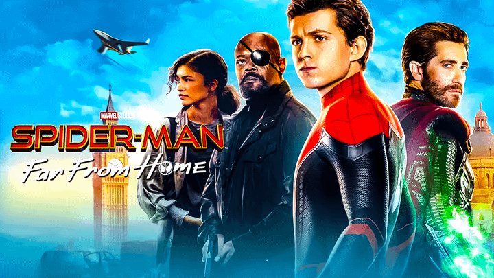 MJ, Nick Fury, Peter Parker, and Mysterio on the Spider-Man: Far From Home poster.