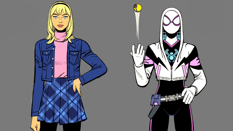 Gwen Stacy in blue jacket, pink shirt, and blue skirt, Gwen Stacy in white Spider-Woman outfit in 'Your Friendly Neighborhood Spider-Man.'
