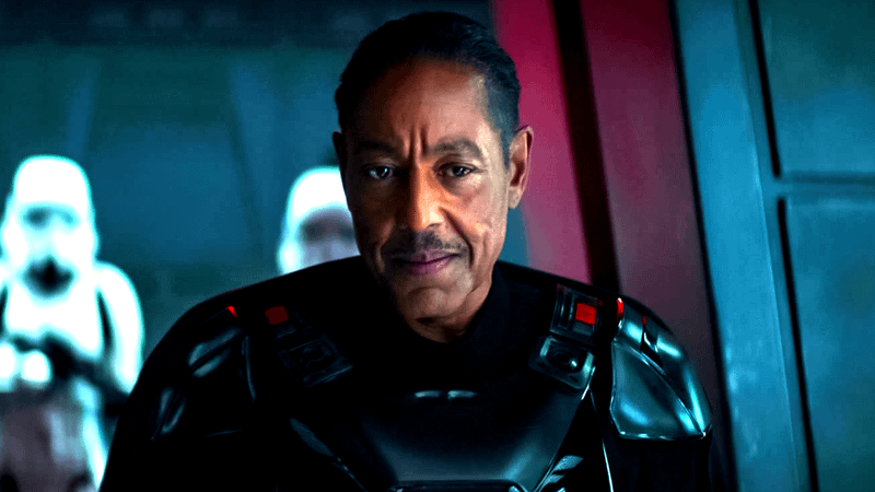 Moff Gideon wears his black armor, with two scout troopers in the background. 