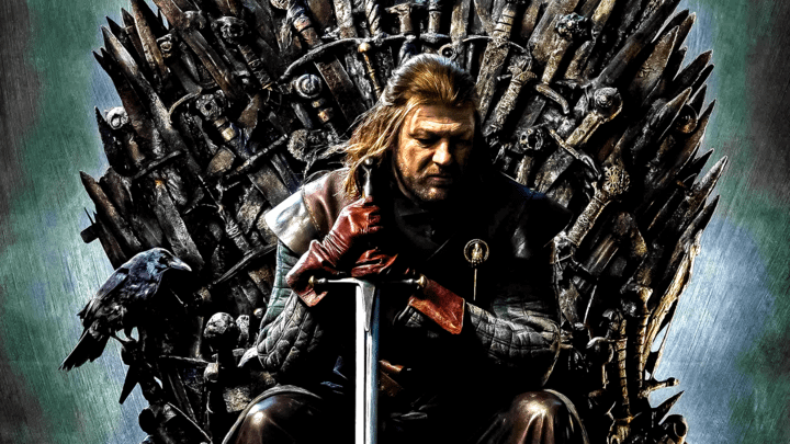 Ned Stark sitting on the Iron Throne.
