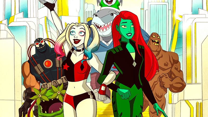 Harley Quinn and Poison Ivy with Bane, King Shark, and Clayface.