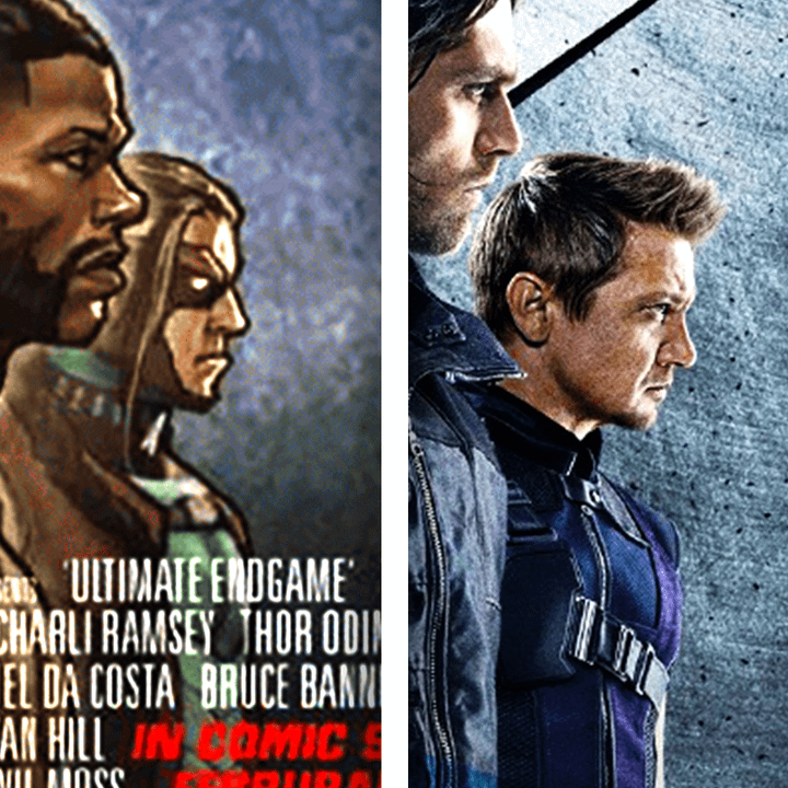 Charli Ramsey on the Ultimate Endgame cover and Clint Barton on the Captain America: Civil War poster.