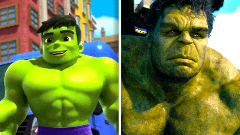 A comparison of the animated Hulk and the MCU Hulk