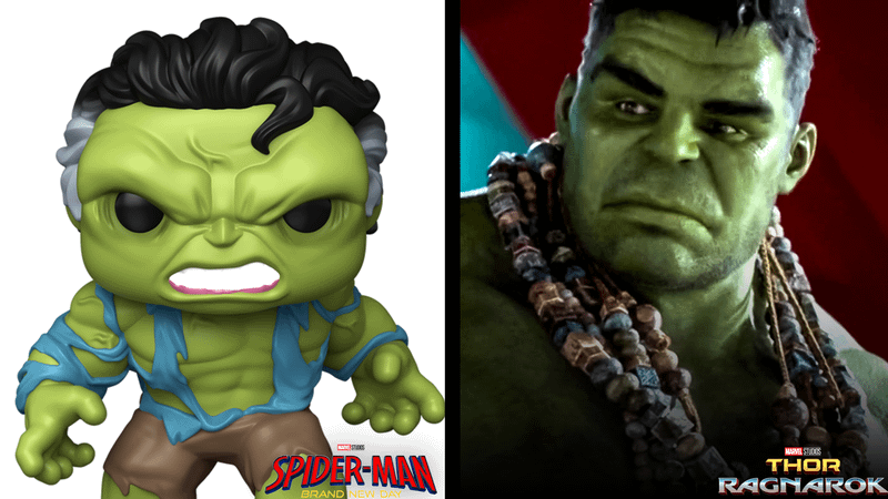 Savage Hulk Funko figure from Spider-Man Brand New Day compared with Hulk in Thor Ragnaork.