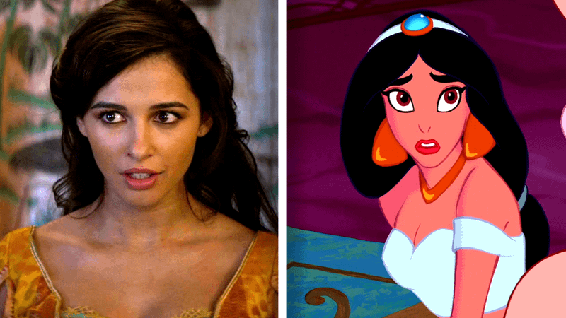 Naomi Scott as Jasmine on the left and the animated Jasmine on the right.