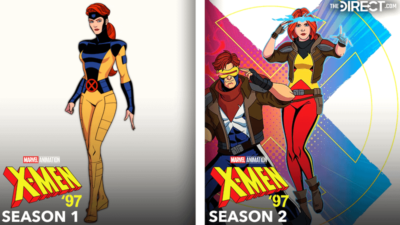 Jean Grey in yellow and blue X-Men suit from 'X-Men '97' Season 1, Jean Grey in red and black X-Men suit from 'X-Men '97' Season 2.