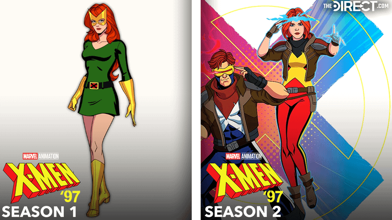 Jean Grey in green dress and yellow boots, gloves, and mask from 'X-Men '97' Season 1, Jean Grey in red and black X-Men suit from 'X-Men '97' Season 2.