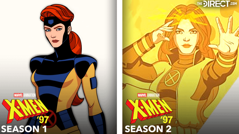 Jean Grey in yellow and blue X-Men suit from 'X-Men '97' Season 1 close up, Jean Grey in X-Men suit with yellow hue from 'X-Men '97' Season 2.
