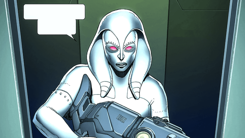 Jocasta holding gun in Marvel.