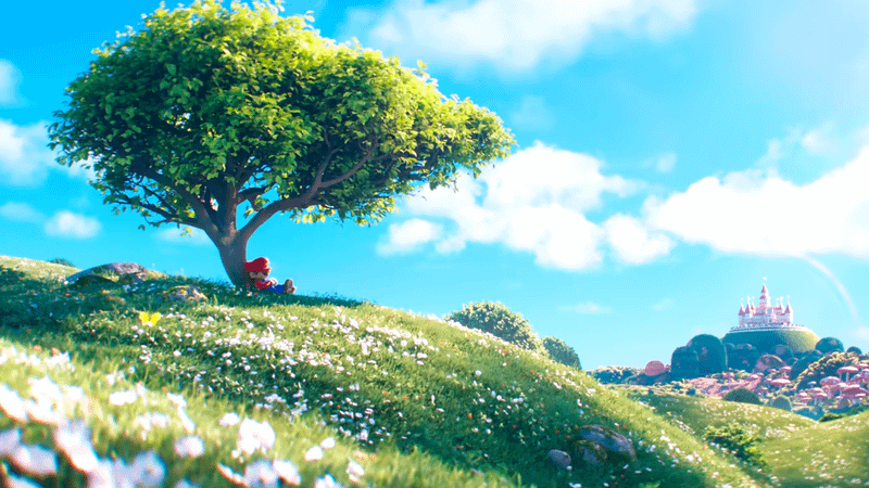 Mario leaning against a tree in The Super Mario Galaxy Movie
