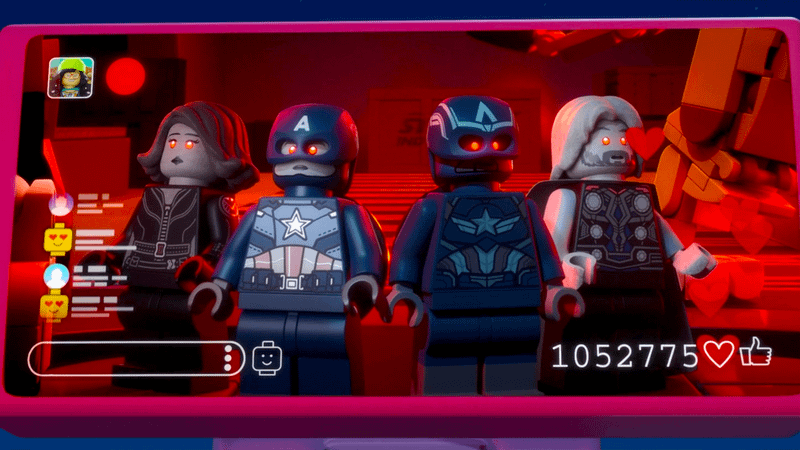The Evil Avengers on a camera feed in LEGO Marvel Avengers: Strange Tails