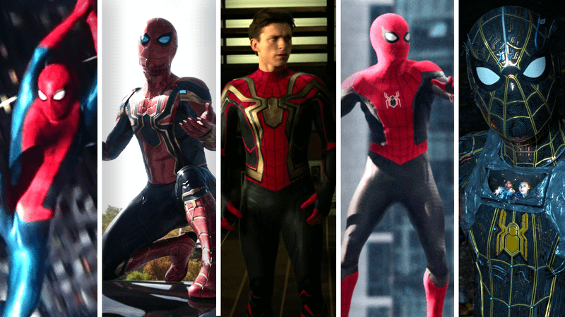 Tom Holland in final swing blue/red Spider-Man suit, Iron spider Suit, upgraded red/black suit, red/black suit, and inversed black/gold suit in 'Spider-Man: No Way Home.'