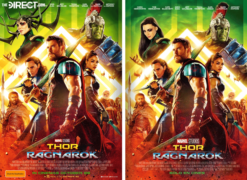 Thor Ragnarok poster featuring Hela, Hulk, Thor and other characters.