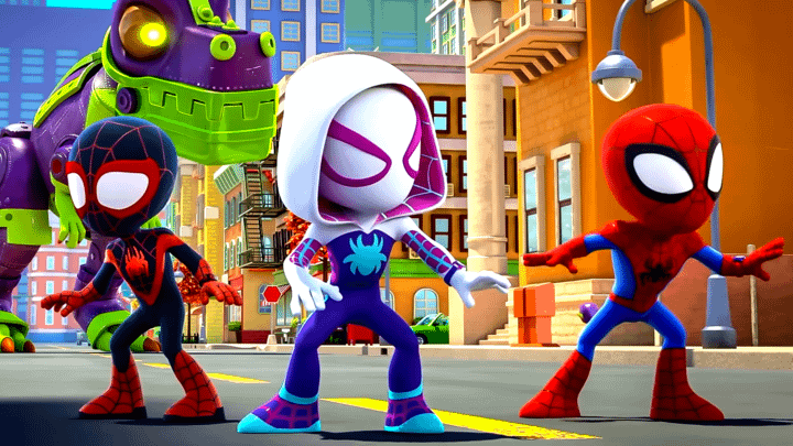 Miles Morales, Spider-Gwen, and Spidey in Spidey and His Amazing Friends.