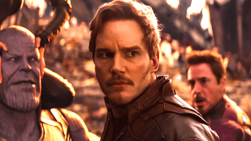 Thanos, Chris Pratt as Star-Lord, Robert Downey Jr. as Iron Man in 'Avengers: Infinity War.'