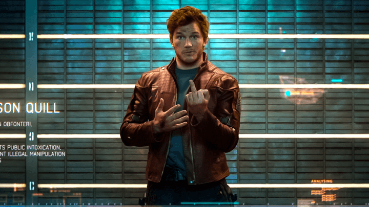 Peter Quill putting his middle finger up during his mugshot.