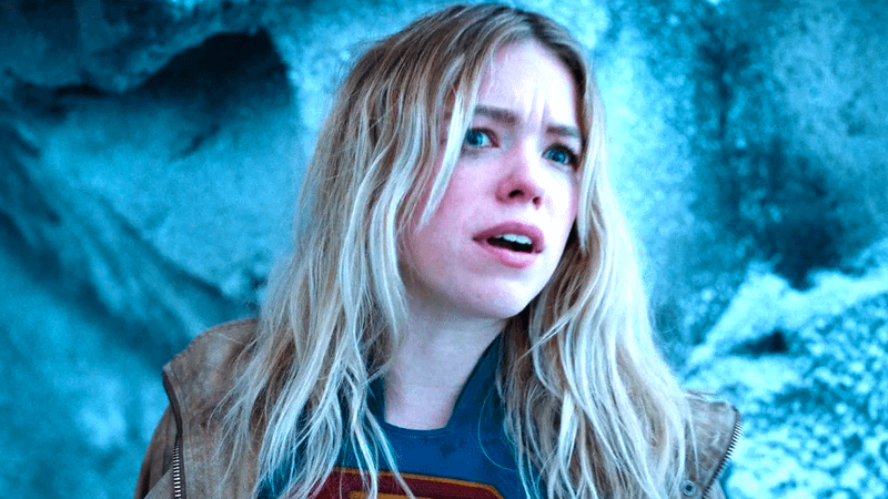Milly Alcock as Supergirl furrowing her brow and calling out to someone in Superman