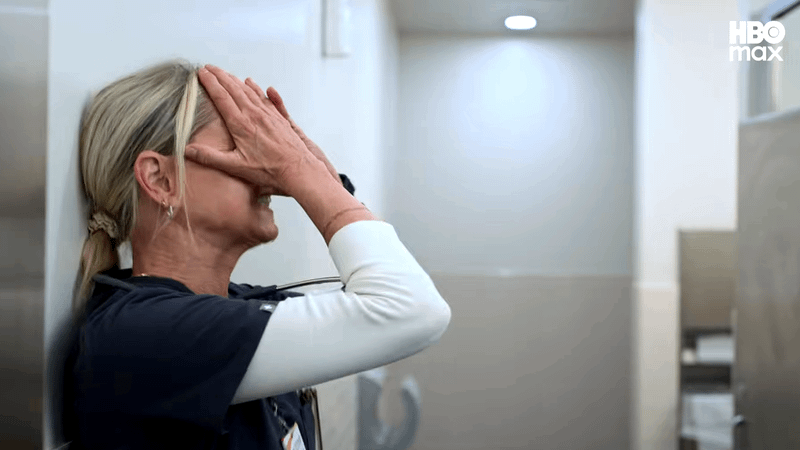 Katherine LaNasa as Dana crashing out in The Pitt Season 2, Episode 12.