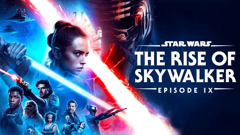 Daisy Ridley as Rey holding out her blue lightsaber in Star Wars: The Rise of Skywalker