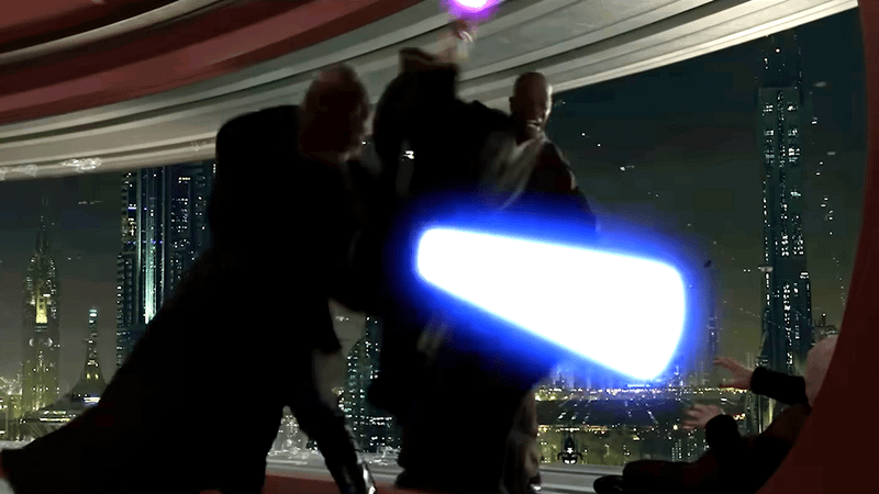 Anakin Skywalker vs. Mace Windu in Revenge of the Sith.