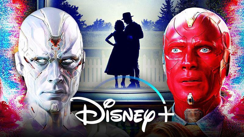 Vision with WandaVision poster and Disney+ logo.