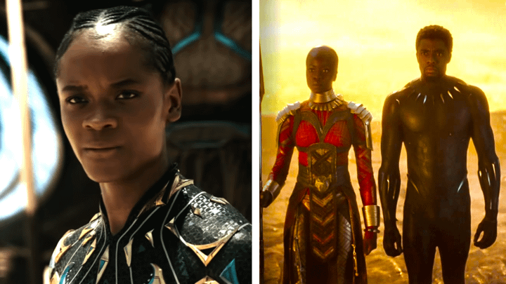 Shuri from Doomsday on the left and Okoye and T'Challa from Endgame on the right.