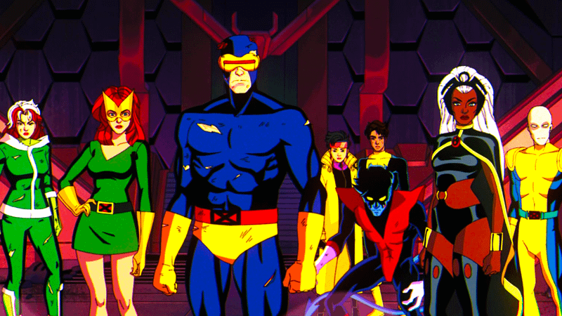 Rogue, Jean Grey, Cyclops, Jubilee, Sunspot, Nightcrawler, Storm, and Morph in X-Men '97