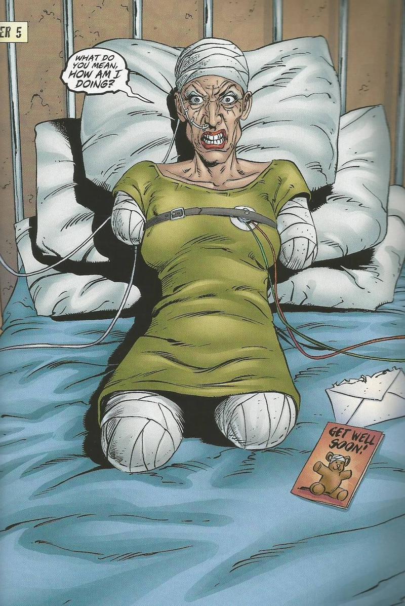 Ma Gnucci sitting in a hospital bed with no arms and legs in Marvel Comics