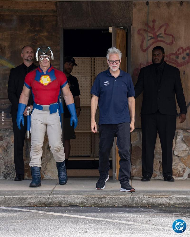 John Cena and James Gunn on the set of Peacemaker Season 2