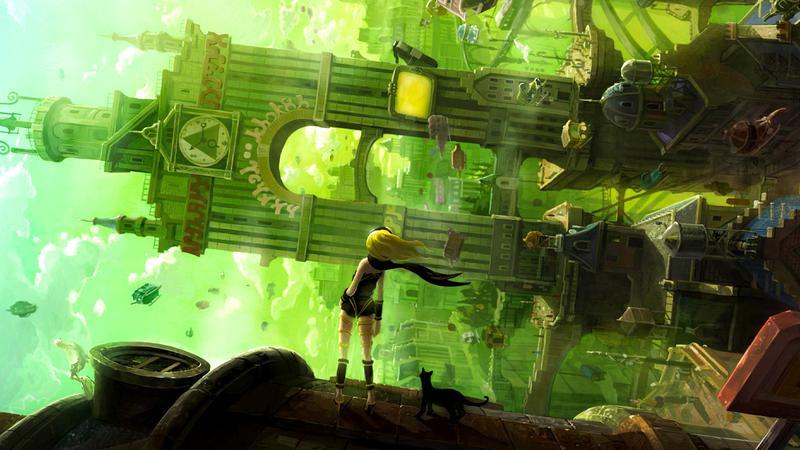 Kat looking at a twisted city in Gravity Rush