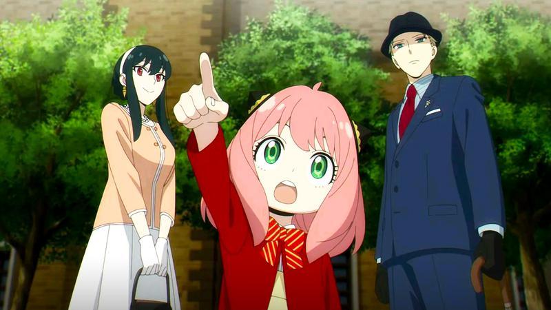 The family from Spy x Family standing next to each other with trees behind them