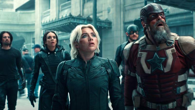 Florence Pugh as Yelena Belova looking up at something in Thunderbolts